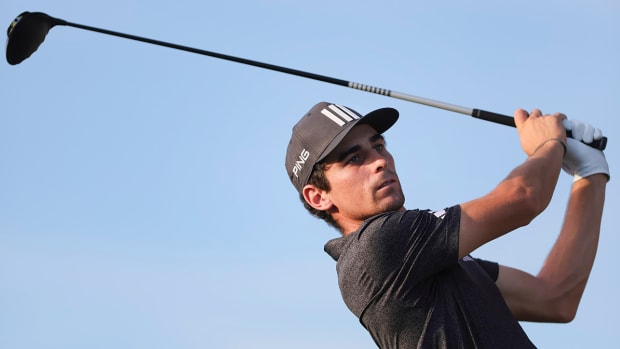 Joaquin Niemann plays his shot from the 17th tee during the final round of the LIV Golf Miami golf tournament at Trump National Doral. 